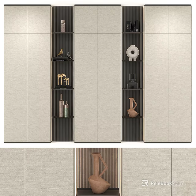 Modern Wardrobe Interior Design With Open Shelves And Decorative Vases Sculptures 3d model 