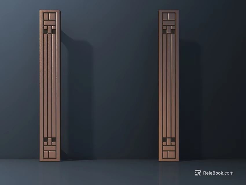 Brown Geometric Patterned Hardware Tools Columns Standing On Dark Background With Gray Floor 3d model