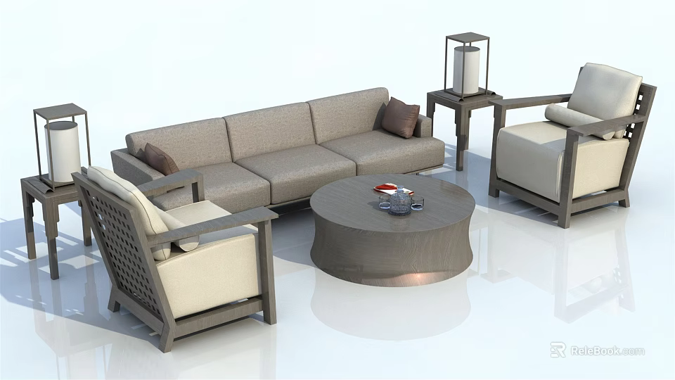 Modern Sofa and Round Coffee Table Set with Matching Chairs Side Table and Cushions 3d model