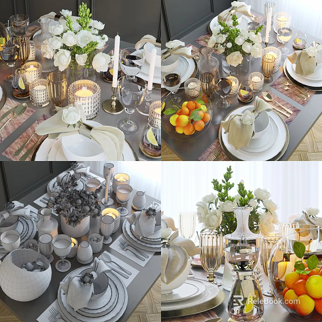 Elegant Dinnerware Set With Plates Bowls Cups Decorative Candles Flowers And Oranges 3d model 