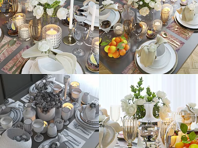 Elegant Dinnerware Set With Plates Bowls Cups Decorative Candles Flowers And Oranges 3d model