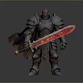 Man Wearing Broken Bloodstained Armor Holding Flaming Red Sword