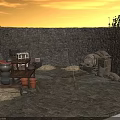 Ancient Courtyard Scene With Stone Walls Paved Ground Barrels Tables Clay Pots Brooms And Straw