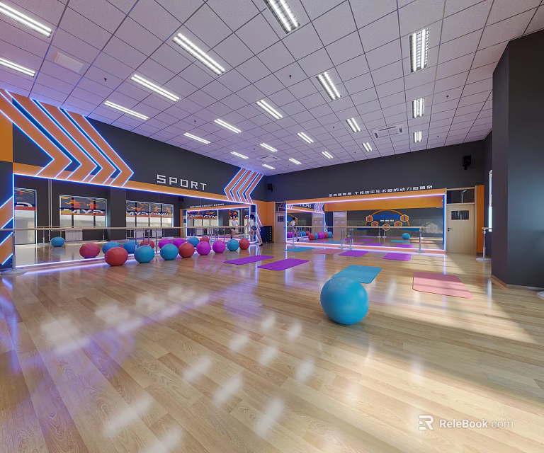 Modern Gym Interior With Colorful Fitness Balls And Yoga Mats 3d model 