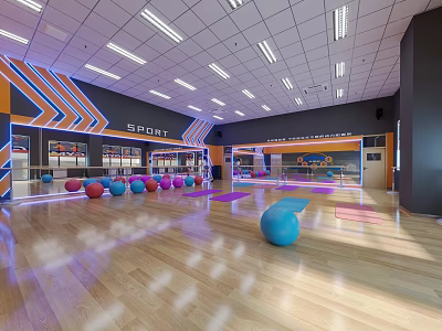 Modern Gym Interior With Colorful Fitness Balls And Yoga Mats 3d model