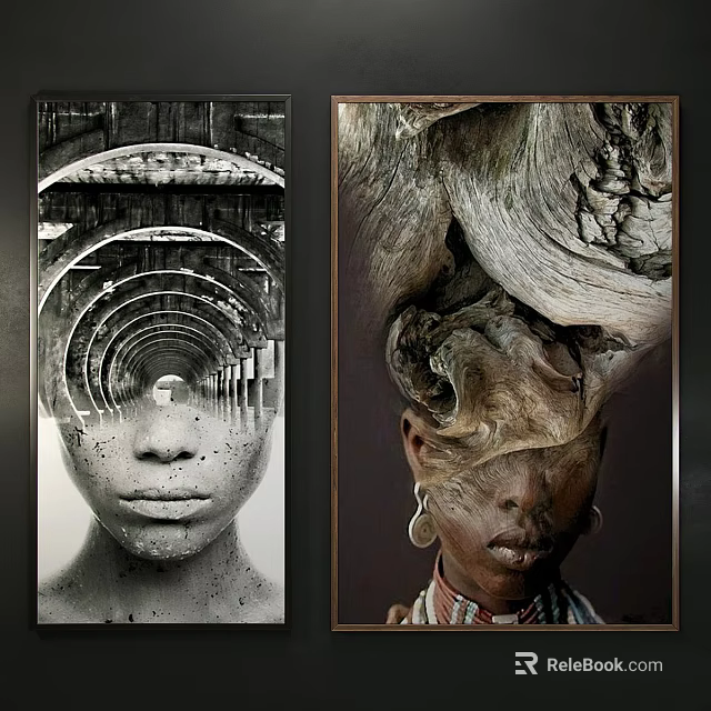 Abstract Artwork Paintings With Black White And Colorful Facial Features And Intricate Hair Design 3d model 