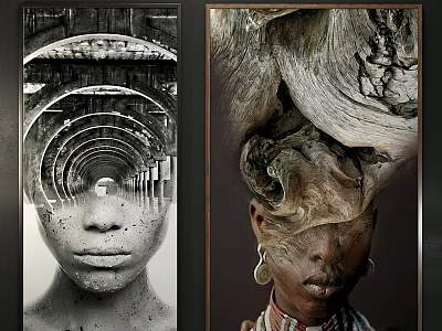 Abstract Artwork Paintings With Black White And Colorful Facial Features And Intricate Hair Design 3d model