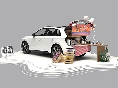 White Car Open Trunk Setup With Decorative Lights Plants And Tables 3d model