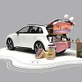 White Car Open Trunk Setup With Decorative Lights Plants And Tables