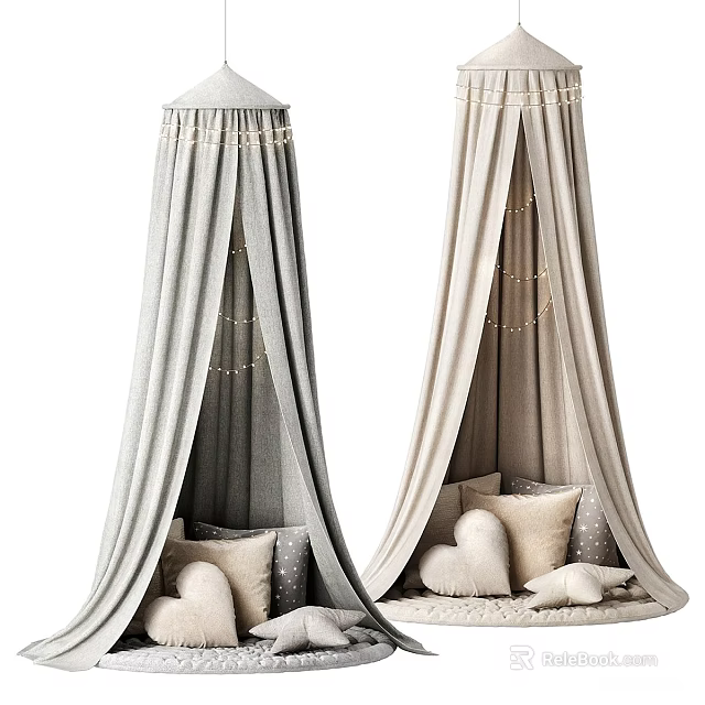 Soft Ceiling Canopies With Gray And Beige Fabric String Lights And Heart Pillows 3d model 