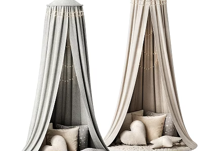 Soft Ceiling Canopies With Gray And Beige Fabric String Lights And Heart Pillows 3d model