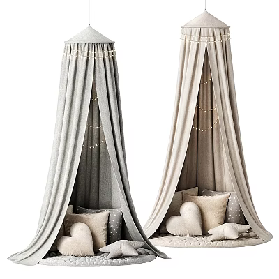 Soft Ceiling Canopies With Gray And Beige Fabric String Lights And Heart Pillows 3d model