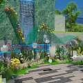 Floral Installation With Woman In White Dress Green Marble Waterfall Colorful Flowers And Curved Arch