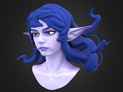 Game Movie Character 3D Model with Elf Ears Blue Long Hair and Purple Skin 3d model