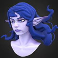 Game Movie Character 3D Model with Elf Ears Blue Long Hair and Purple Skin