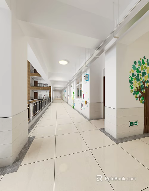 Spacious Elevator Corridor With White Walls Green Tree Decor And Tile Floor 3d model 