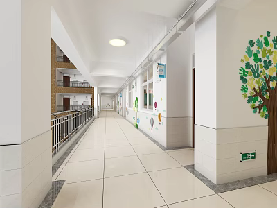 Spacious Elevator Corridor With White Walls Green Tree Decor And Tile Floor 3d model