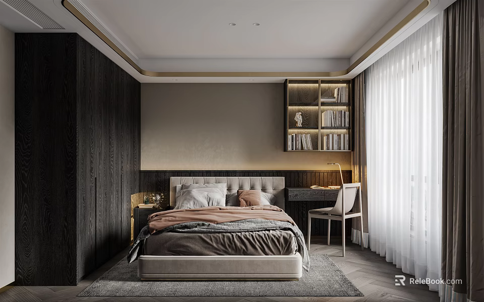 Modern Minimalist Bedroom Interior With Dark Wood Paneling Bed Bookshelf Desk Chair Curtains And Rug 3d model 