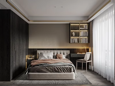 Modern Minimalist Bedroom Interior With Dark Wood Paneling Bed Bookshelf Desk Chair Curtains And Rug 3d model