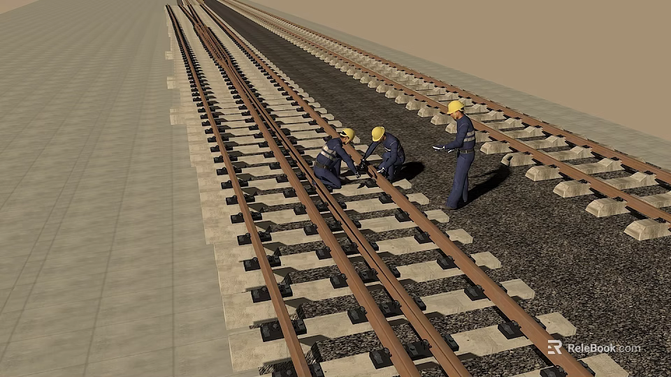 Workers In Yellow Hard Hats Inspecting Railway Track For Safety Maintenance 3d model 