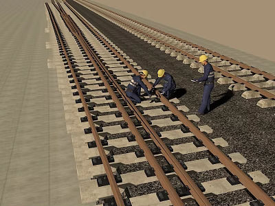 Workers In Yellow Hard Hats Inspecting Railway Track For Safety Maintenance 3d model