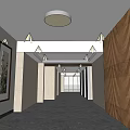Modern Elevator Corridor With Decorative Paintings Wooden Slat Wall And Marble Floor