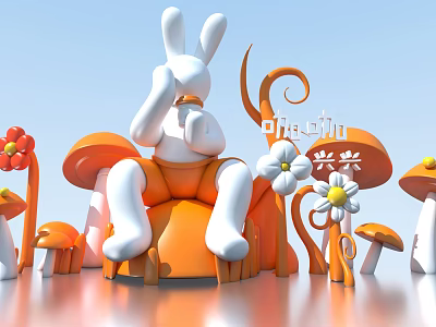 Commercial Street Featuring Giant White Rabbit Sculpture Orange Mushroom Seats Flowers And Light Blue Sky 3d model