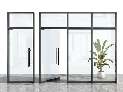 Modern Glass Sliding Doors With Black Frame Near Green Plant In White Pot 3d model