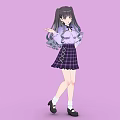Anime Girl with Long Black Hair Twin Ponytails Purple Shirt Bow Plaid Skirt Lavender Background