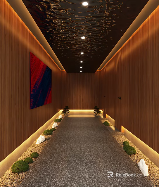 Elegant Corridor With Wooden Walls Black Ceiling Lighting Red Blue Abstract Painting And Green Plants 3d model 