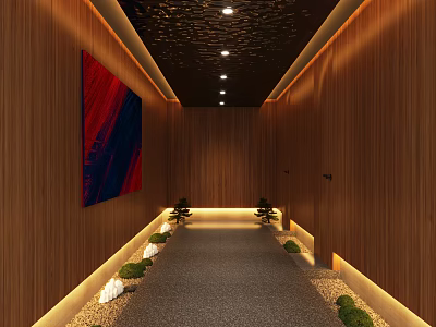 Elegant Corridor With Wooden Walls Black Ceiling Lighting Red Blue Abstract Painting And Green Plants 3d model