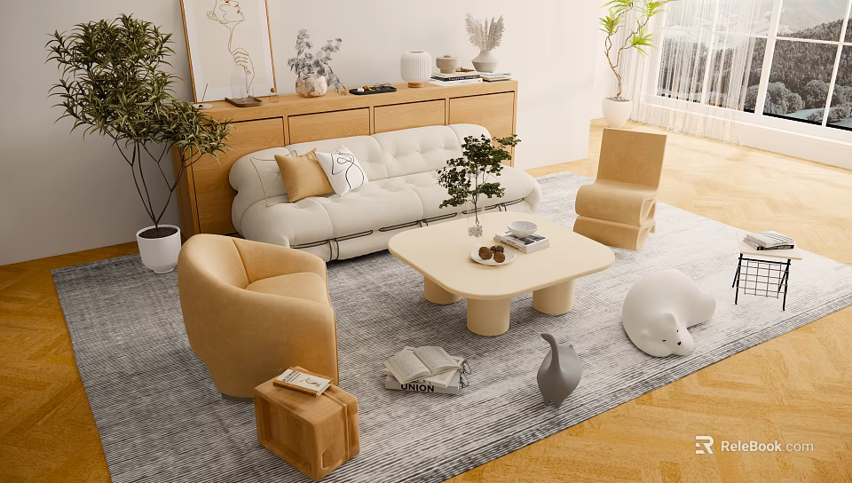 Modern Beige Sofa And Coffee Table Set With Armchairs Decorative Plants And Rug 3d model 