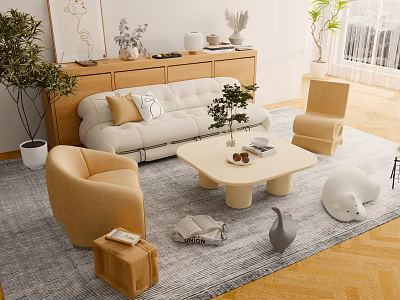 Modern Beige Sofa And Coffee Table Set With Armchairs Decorative Plants And Rug 3d model