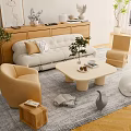 Modern Beige Sofa And Coffee Table Set With Armchairs Decorative Plants And Rug