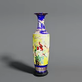 Traditional Chinese Ceramic Vase in Blue and Yellow with Bird and Flower Designs