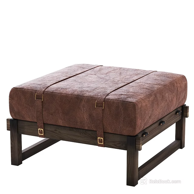 Sturdy Brown Leather Ottoman With Dark Wooden Legs And Metal Straps 3d model 