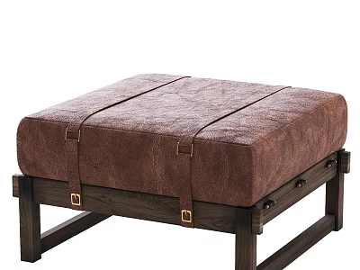 Sturdy Brown Leather Ottoman With Dark Wooden Legs And Metal Straps 3d model