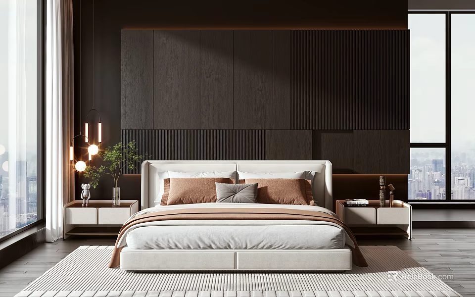 Elegant Modern Beige Double Bed With Dark Striped Wooden Wall Nightstands Lamps And Green Plant 3d model 