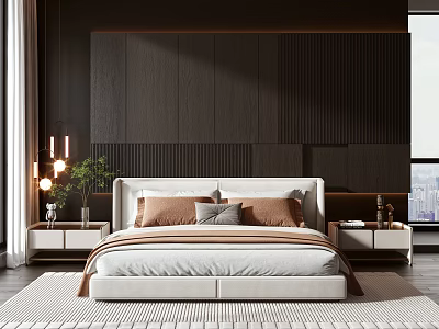 Elegant Modern Beige Double Bed With Dark Striped Wooden Wall Nightstands Lamps And Green Plant 3d model