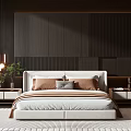 Elegant Modern Beige Double Bed With Dark Striped Wooden Wall Nightstands Lamps And Green Plant
