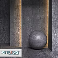 Concrete Sphere Component In Textured Stone Walls With Warm Ambient Lighting