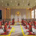 Modern Fitness Gym Interior Featuring Yellow Walls Gray Floor Green Exercise Steps And Fitness Equipment