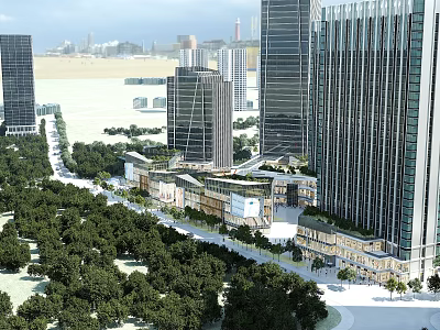 Modern Commercial Street With High Rise Buildings Green Trees And Pedestrian Walkways 3d model