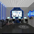 Futuristic Interior Space With Hexagonal Ceiling Blue Purple Lighting And Digital Screens 3d model