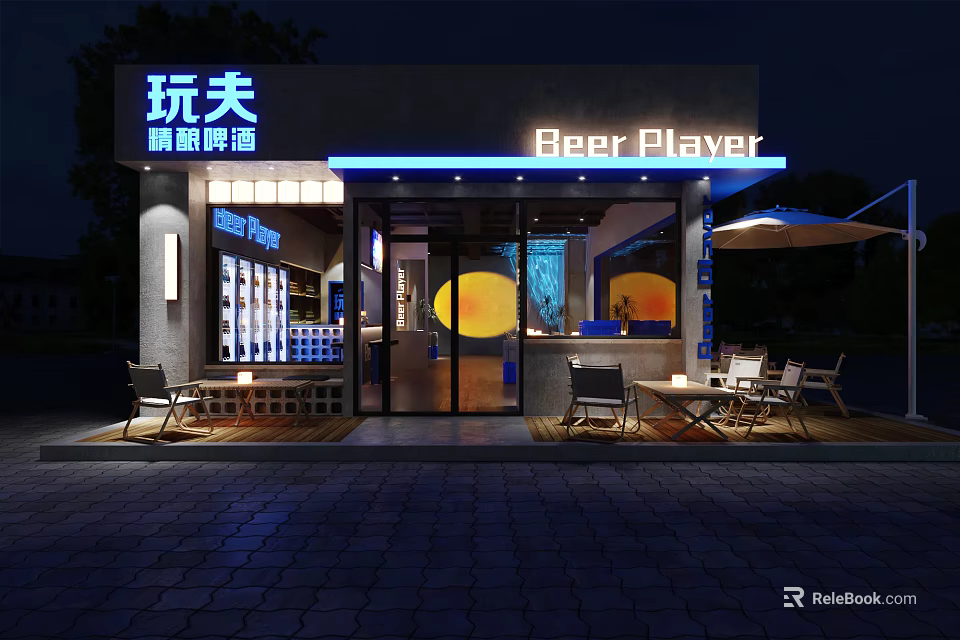 Beer Player Craft Beer Bar With Outdoor Seating Tables Chairs And Nighttime Lighting 3d model 