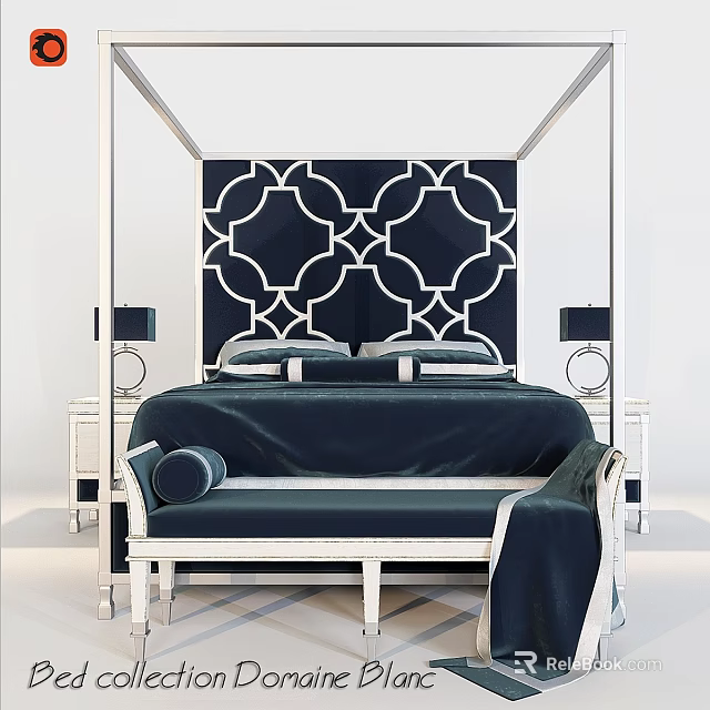 Elegant Modern Bedroom Interior With Canopy Bed Dark Geometric Headboard And White Nightstands 3d model 