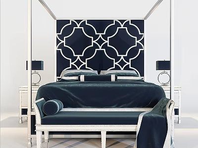 Elegant Modern Bedroom Interior With Canopy Bed Dark Geometric Headboard And White Nightstands 3d model