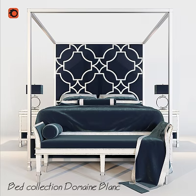 Elegant Modern Bedroom Interior With Canopy Bed Dark Geometric Headboard And White Nightstands 3d model