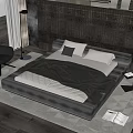 Modern Double Bed In Bedroom Interior With Dark Wood Paneled Wall And Accent Chair