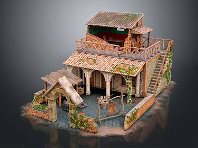 Cartoon Scene Of Two Story Building With Red Roof Wooden Balcony Staircase And Vines 3d model